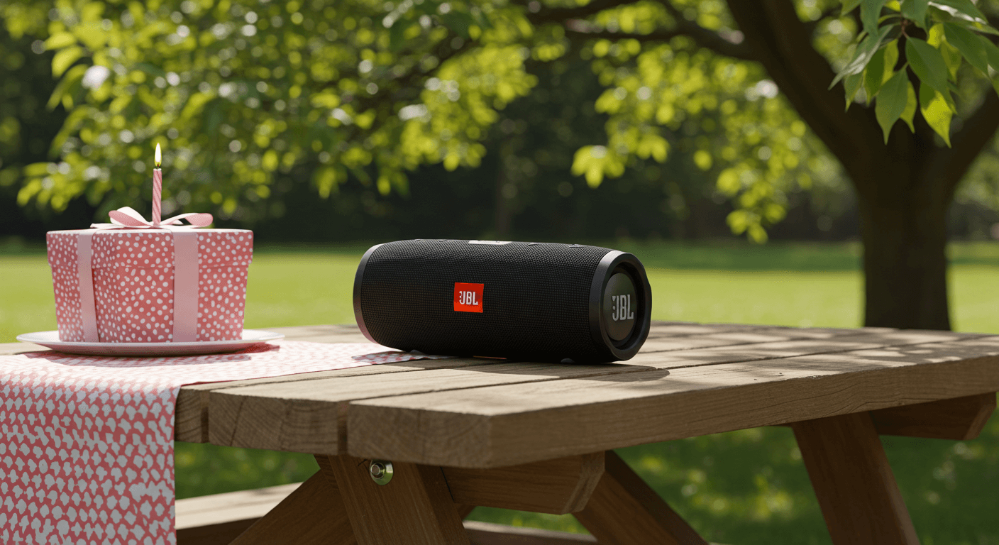 JBL portable speaker on a picnic table, a versatile birthday gift for boyfriend for outdoor music.